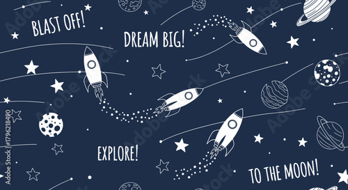 A captivating cosmic adventure seamless pattern featuring rockets planets stars and motivational