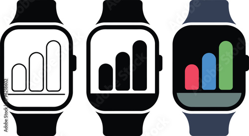 Three smartwatch icons displaying bar graphs in various styles , smartwatch, watch, wearable, technology,