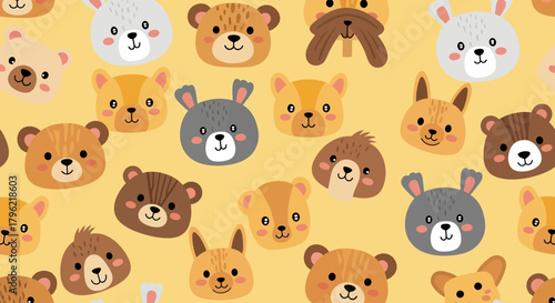 Adorable animal faces seamless pattern featuring bears, rabbits, dogs and other charming characters