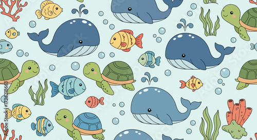 Adorable underwater pattern featuring whales turtles fish and sea plants for childrens decor