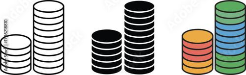 Three Stacks of Coins Icons Keywords: coins, money, finance, wealth, currency, stack, pile, icon, illustration, silhouette, outline, colored