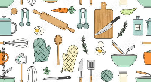 Charming culinary pattern showcasing essential cooking tools and ingredients for a delightful