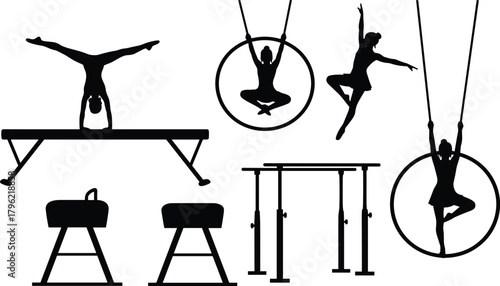 Silhouette of female gymnasts performing on beam, rings, and bars, artistic gymnastics illustration showing balance, strength, flexibility and grace