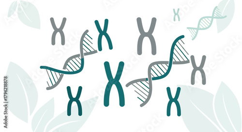 Chromosome and DNA strands illustrate genetics concept with leaf accents design pattern