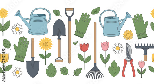 Charming seamless pattern design featuring vibrant garden tools and floral elements ideal for spring