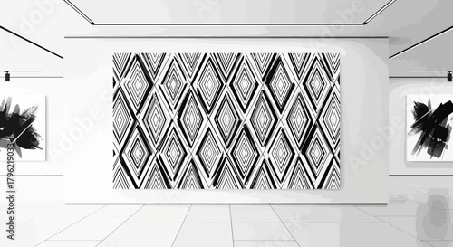 Contemporary art gallery interior with geometric diamond pattern painting display