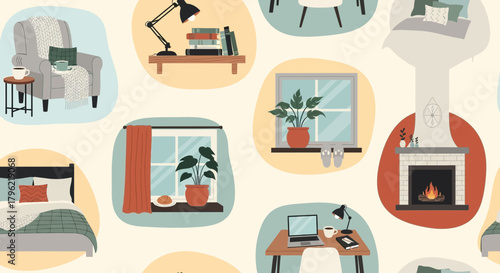 Cozy home themed seamless pattern design with various interior elements illustration