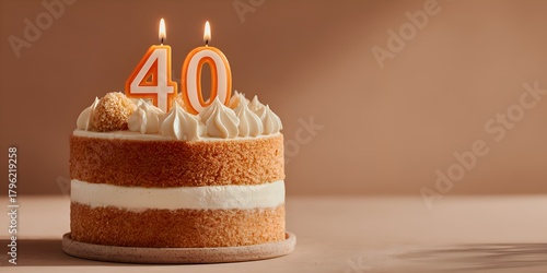 Delicious cake with candles shaped like the number forty sit on a neutral surface ready for a birthday celebration or special anniversary.