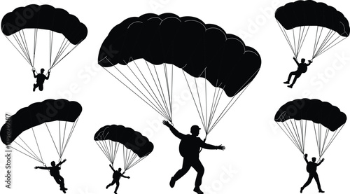 Silhouette parachute jumpers descending with parachutes, skydiving action figures, extreme sport illustration set showing multiple paragliders in dynamic flying poses