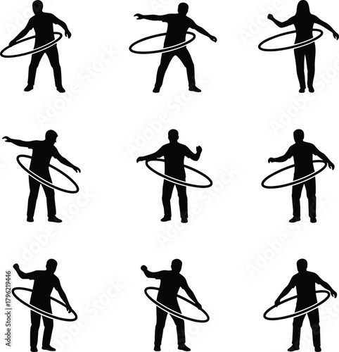 Silhouette people playing with hula hoops, fitness exercise poses, active movement, vector illustration, dance workout concept, black and white design
