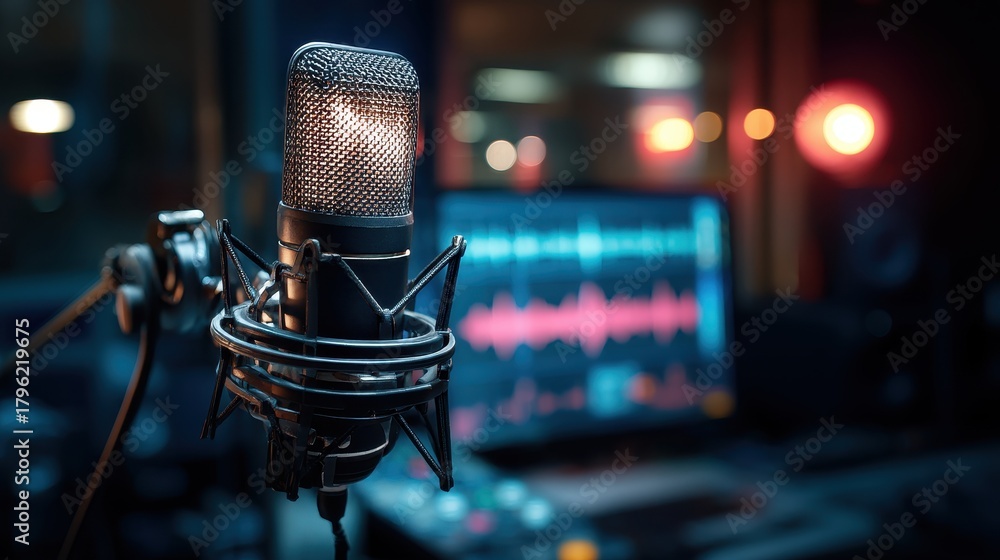 Fototapeta premium Professional recording studio with a mounted microphone and sound editing equipment in a modern music production setup
