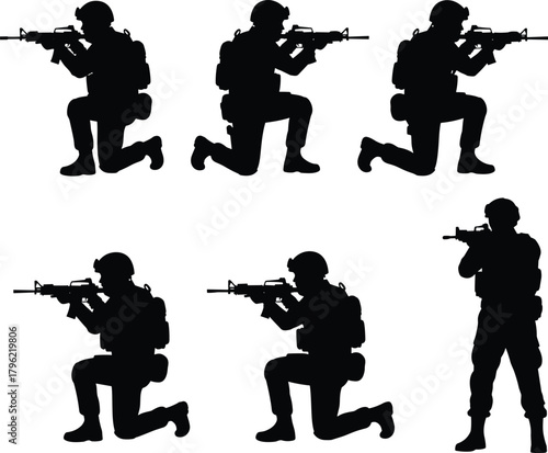Silhouette soldiers with rifles in tactical kneeling positions, military combat figures, armed forces illustration set for defense, training, security design