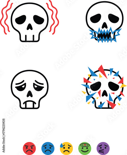 Skull emoji faces showing pain, sickness, stress, headache, sadness, depression, fatigue, illness, emotional burnout, mental health icons