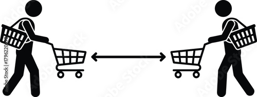 Social distancing icon, shopping scene, health safety, black and white art, public space, prevention concept, distance awareness, hygiene, pandemic measure, caution