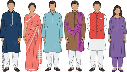 South Asian traditional clothing illustration featuring men and women wearing kurta, sherwani, saree, salwar kameez, cultural dress, ethnic fashion characters