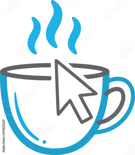Stylized coffee cup with steam and a cursor icon, on a transparent background