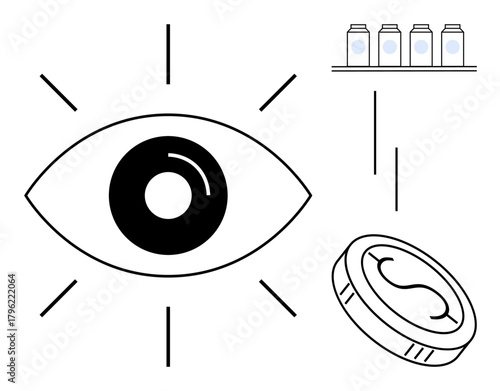 Eye with radiating lines, contact lens, and shelf with glasses cases symbolize vision care. Ideal for eye health, optics, contact lenses, creativity, clarity focus innovation. Simple flat metaphor