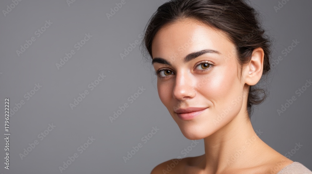 Fototapeta premium Natural beauty portrait of a young woman with glowing skin and a subtle smile against a soft gray background showcasing confidence and elegance