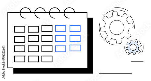 Calendar with visible grid layout and blue highlights alongside rotating gears symbolizing efficiency and organization. Ideal for productivity, automation, workflow, planning, time management, system