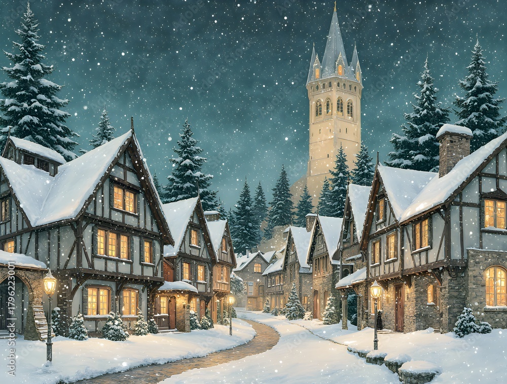 Fototapeta premium Snowy Winter Village at Night with Warm Lights and Falling Snow
