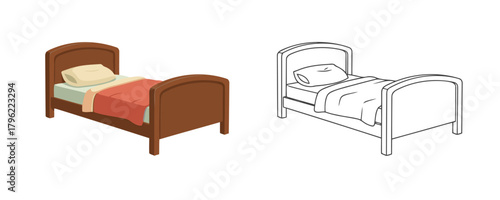 Vector illustration showing a single colorful bed with brown wooden frame, red blanket and beige pillow next to its black and white line art outline for coloring