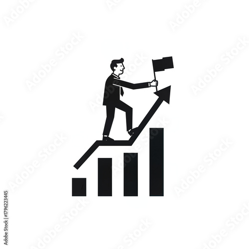 Minimal black and white vector illustration of a businessman climbing an upward arrow chart and placing a flag at the top, symbolizing success, achievement, goal setting, and business growth