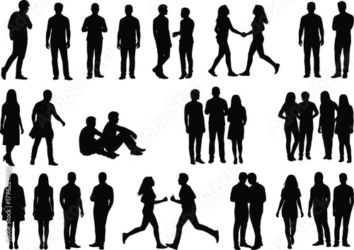 Silhouette people collection, walking talking couples, standing men women groups, friendship teamwork communication concept, black shadow figures, diverse social interaction poses, isolated white 