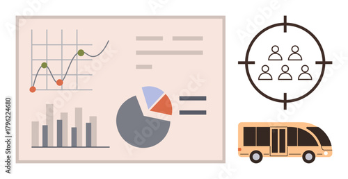 Graphs, pie chart, and bars for data analysis, people under target in crosshairs, public bus. Ideal for business, marketing, transport planning, demographics audience reach urban strategy simple