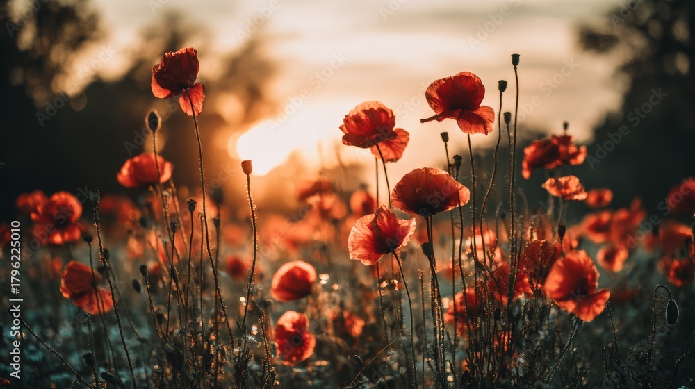 Obraz premium Enchanting sunset behind a poppy field, with vibrant red petals contrasting beautifully against the golden hues of the setting sun. Dreamy atmosphere captured in a serene and peaceful moment.
