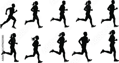 Running silhouettes, male and female joggers, athletic fitness exercise, jogging motion vector, healthy lifestyle concept, sports training illustration design