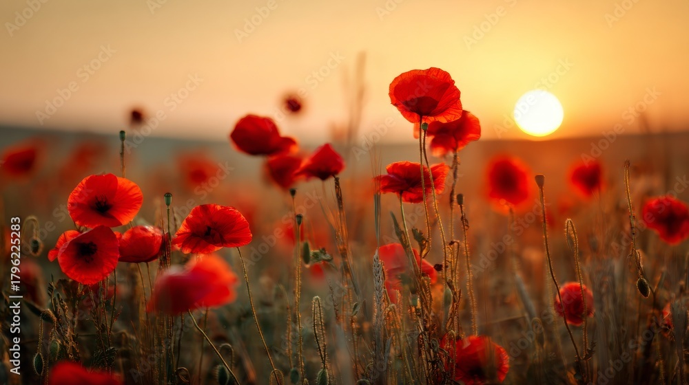 Obraz premium Enchanting sunset behind a poppy field, with vibrant red petals contrasting beautifully against the golden hues of the setting sun. Dreamy atmosphere captured in a serene and peaceful moment.
