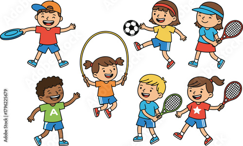 Happy children playing outdoor sports, cartoon kids with tennis rackets, soccer ball, frisbee and skipping rope, fun activity illustration