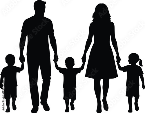 Happy family walking together holding hands, parents and children silhouette, love, unity, bonding, togetherness, parenting, family relationship, support, care