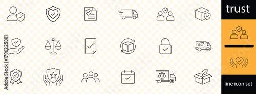 trust line icons set with editable stroke, featuring responsibility, reliable, commitment, unity, trust, consistency, friend, trusted, truth, loyalty, belief, swea.