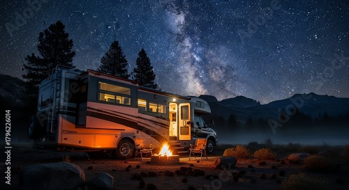 Nighttime Camping Scene with RV Under Starry Sky and Milky Way in Mountain Area