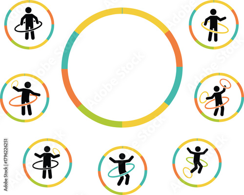 Hula hoop exercise icons, fitness, fun activity, colorful circle design, movement, wellness, coordination, sport, active lifestyle vector illustration