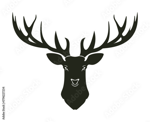 Deer head silhouette vector, bold antlers, minimal black and white style — stock vector