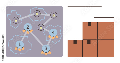 Logistics map with levels, locked nodes, stars, connected points, and shipment boxes. Ideal for supply chain, gamification, delivery, workflow strategy progress tracking simple flat metaphor
