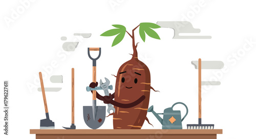 Animated Root Vegetable Gardening Tools and Equipment on a Black Background