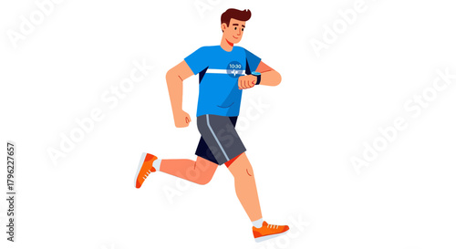 Animated Runner Checking Smartwatch While Sprinting Isolated on Black Background