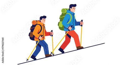 Adventurous Hikers Ascending Steep Slope With Backpacks And Trekking Poles