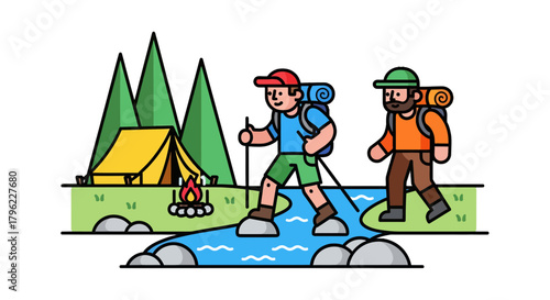 Adventurous Hiking Expedition Through Wilderness Landscape With Camp and Fire