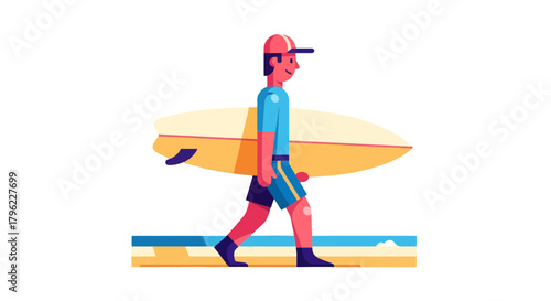 Animated Surfer Carrying Surfboard Walking on Beach towards Ocean for Watersports
