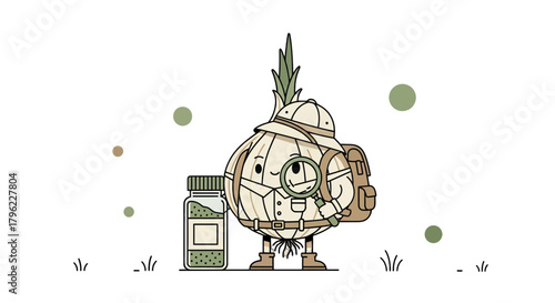 Adventurous Onion Explorer With Magnifying Glass Stalking Spices on a Dark Background