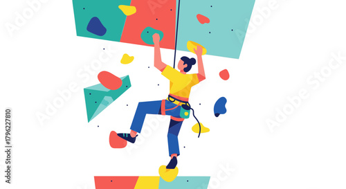 Adventurous Person Climbing A Colorful Climbing Wall Against A Black Sky