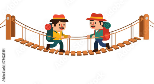 Adventurous Pair Traversing a Suspension Bridge with Backpacks Under a Dark Night