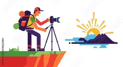 Adventurous Photographer Capturing Landscapes At Sunset On Mountain Peaks In Vector Style