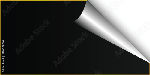 A black rectangular sheet with a thin gold border, featuring a curled silver corner peeling back to reveal a white surface.