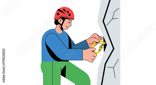 Adventurous Rock Climber Assisting His Ascent Using Carabiner, On Black Background