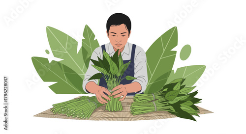 Asian Man Harvesting Freshly Cut Greens Bundles Surrounded By Large Green Leaves
